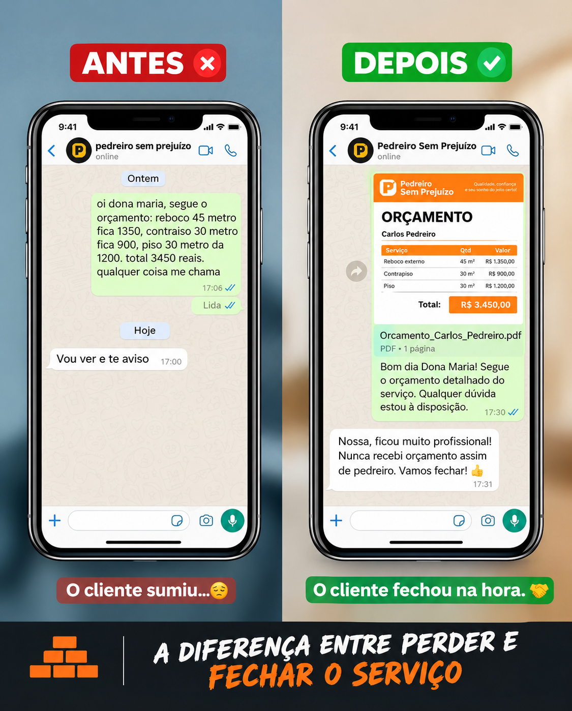 Antes: preço solto no WhatsApp e o cliente sumiu. Depois: orçamento organizado e o cliente fechou.