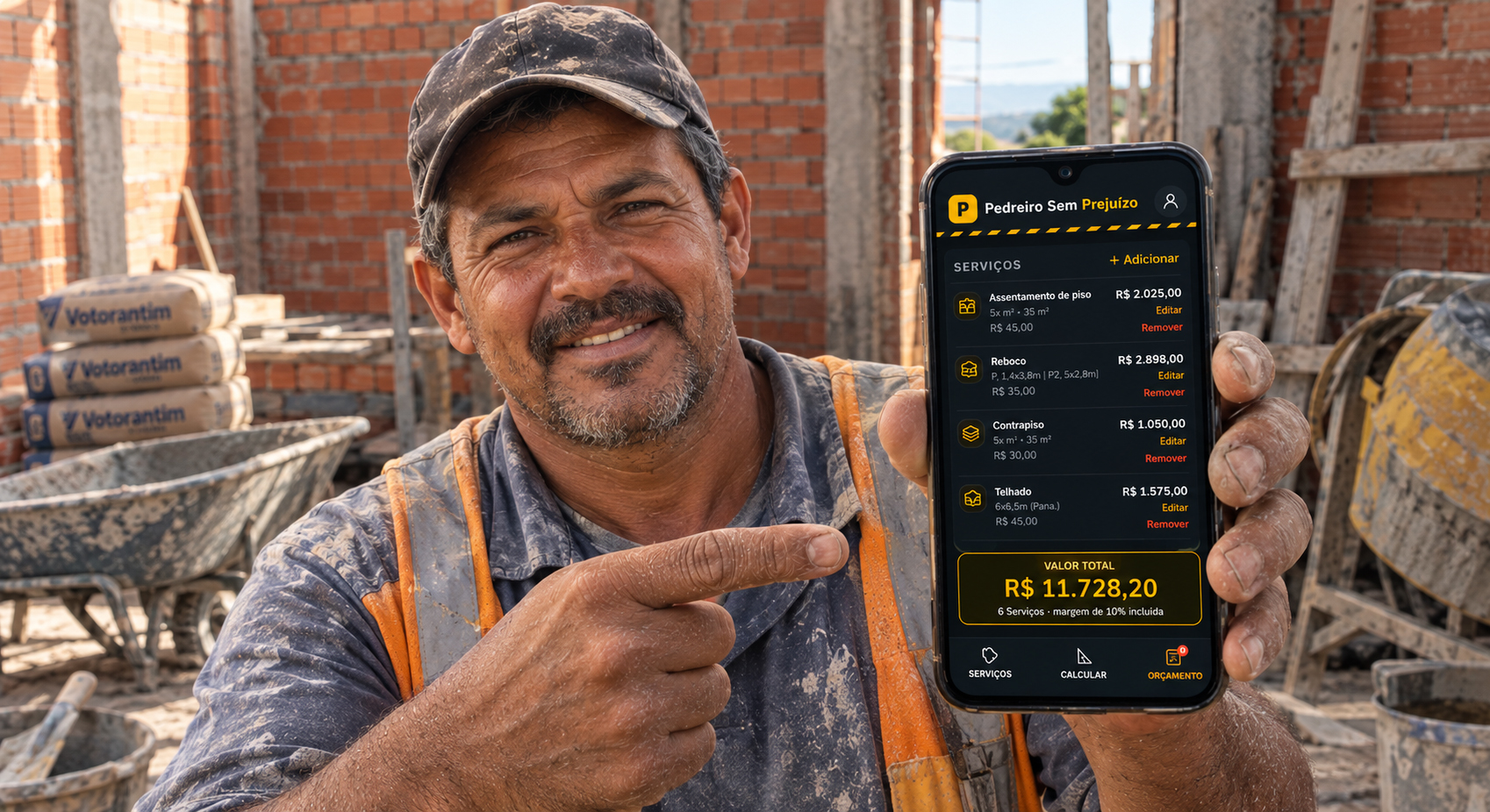 Orçamento com material e margem no aplicativo