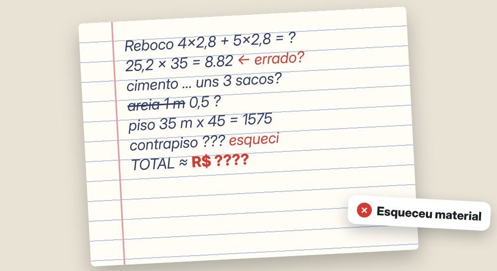 Caderno com contas erradas e material esquecido